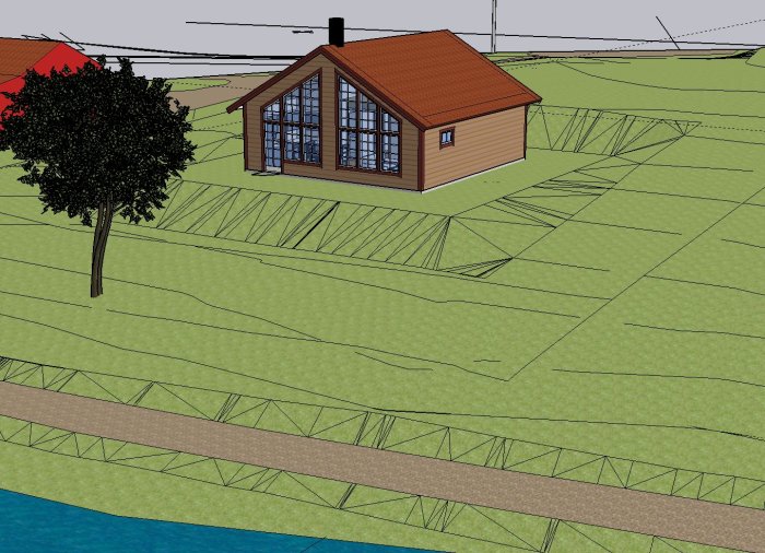 3D-modell av ett fritidshus med stor glasfasad på en sluttande tomt nära vatten i Sketchup.