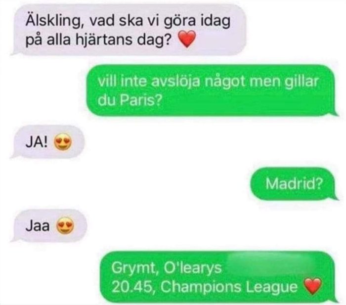 Skärmavbild av en textkonversation med missförstånd om alla hjärtans dag-planer.