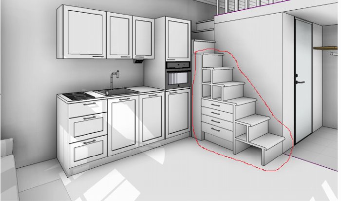 Illustration av en köksinteriör med planerad trappa markerad i rött där några steg redan är byggda.