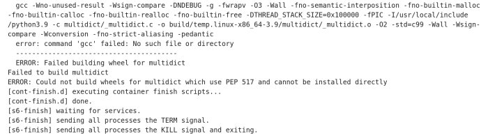 Skärmdump av kommandotolk med felmeddelanden vid försök att bygga multict med Python.