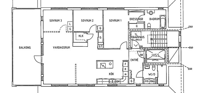 Arkitektritning av en lägenhetsplanlösning med tre sovrum, vardagsrum, kök och balkong.