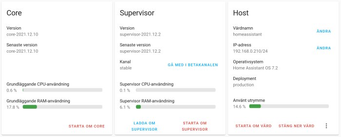 Skärmdump av systemöversikt med versioner och resursanvändning för Core, Supervisor och Host.