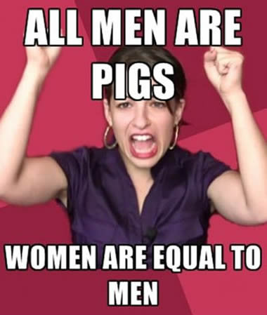 Kvinna håller upp knutna nävar med texten "ALL MEN ARE PIGS" och "WOMEN ARE EQUAL TO MEN".