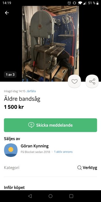 Äldre bandsåg i en verkstadsmiljö till salu.