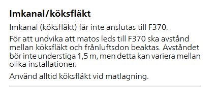 Skärmdump från installationsmanual som beskriver rekommenderat avstånd för montering av köksfläkt.