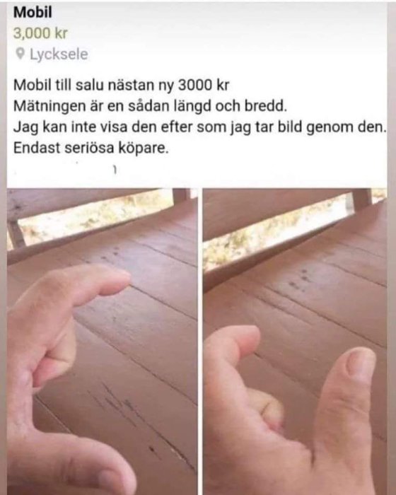 Händer gör en ramgest för att "visa" storleken på en osynlig mobiltelefon på ett träbord.