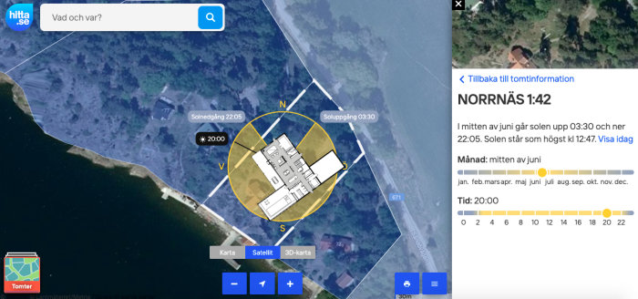 Satellitbild över fastighet med markerade soltider och diagram för solens position.