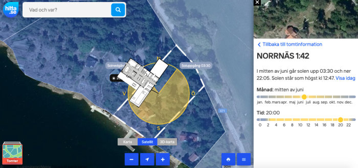 Satellitbild på en tomt med solkartinformation och husritning överlagd.