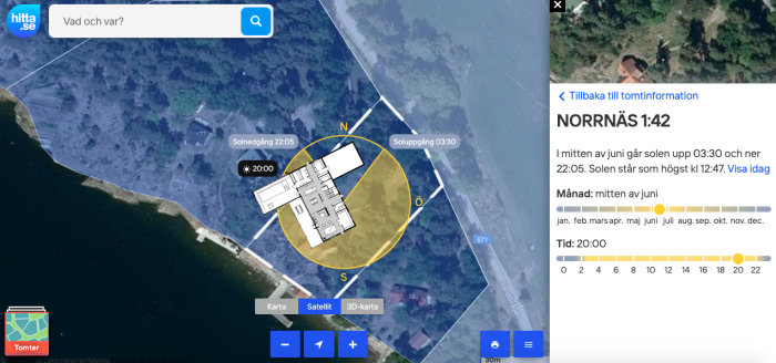 Satellitbild av en tomt med solens rörelse överlagrad och informationsruta om soluppgång och -nedgång.