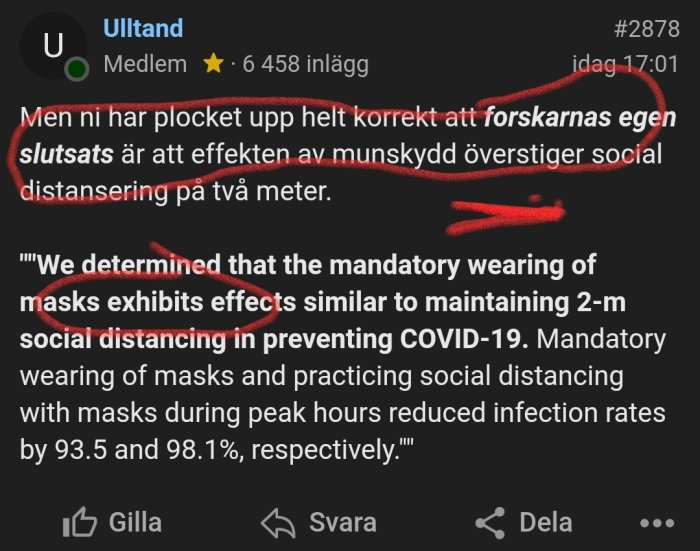 Skärmdump från forumdiskussion om effekten av munskydd jämfört med social distansering angående COVID-19.