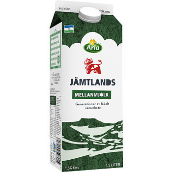 Mjölkförpackning från Arla märkt Jämtlands Mellanmjölk med 1,5 % fett och 1,5 liter.