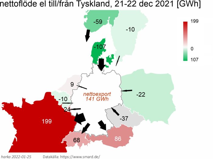 Karta som visar Tysklands elnettoflöden med siffror för import och export i GWh, 21-22 dec 2021.