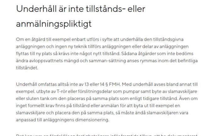 Skärmdump av en text som diskuterar att underhåll inte är tillstånds- eller anmälningspliktigt enligt lagstiftning.