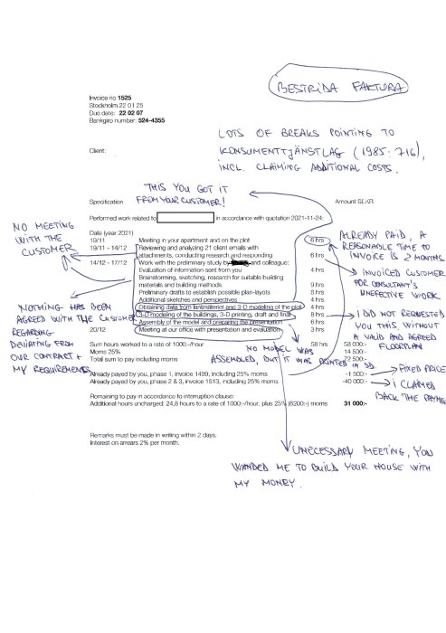 Annoterad faktura med handskrivna kommentarer som ifrågasätter debiterade tjänster och påstådda överträdelser av konsumentlag.