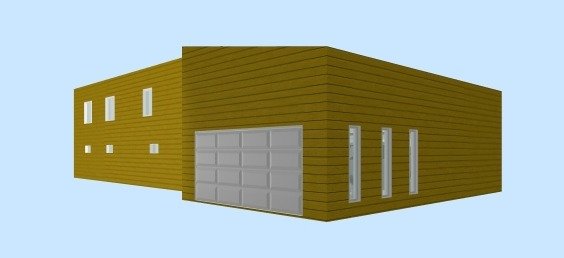 3D-modell av ett dubbelgarage med förvaringsutrymme och pulpettak, guldfärgat med grå port.