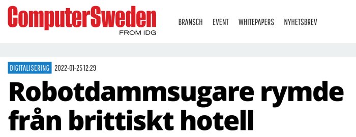 Webbsidans huvud med rubriken "Computer Sweden FROM IDG" och artikelrubriken "Robotdammsugare rymde från brittiskt hotell".