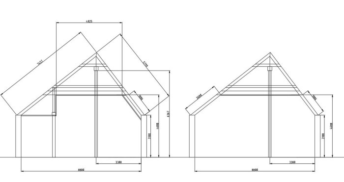 Två tekniska arkitektskisser av takkonstruktioner med måttangivelser, varav en modifierad med extra hanbjälke.