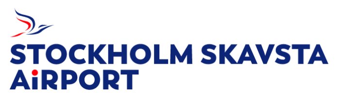 Logotyp för Stockholm Skavsta Airport med stiliserad fågel och text.