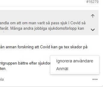 Skärmbild av ett foruminlägg med en "Ignorera användare"-knapp synlig i en kontextmeny.