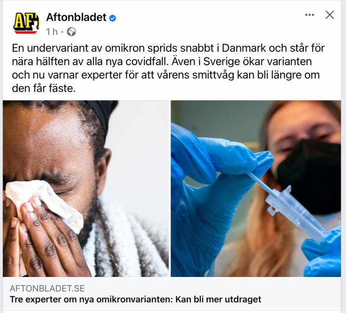 Person som blåser näsan och hälsopersonal som förbereder en spruta, relaterat till omikronvariant av COVID-19.