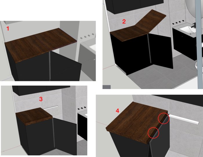 3D-visualisering av en badrumsbänkskiva som fälls upp med dolda gångjärn.