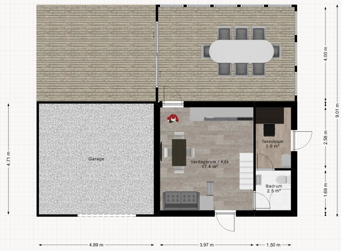 Planritning av ett enplanshus med garage, vardagsrum/kök, teknikrum och badrum, inklusive måttangivelser.