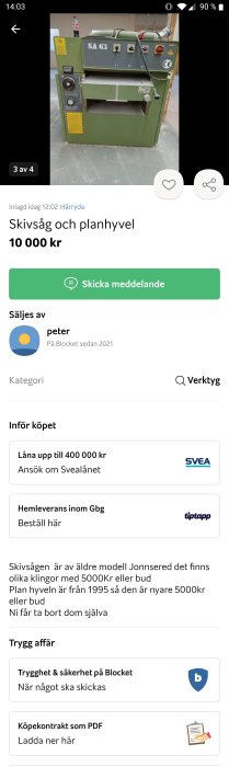 Industriell grön planhyvel till salu, foto visar fronten med kontrollpanel och matarvals.