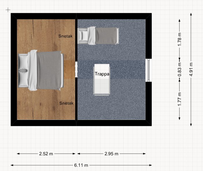 3D-planritning av ett loft med förhöjt snettak, inredda ytor och trappa, måttangivelser inkluderade.