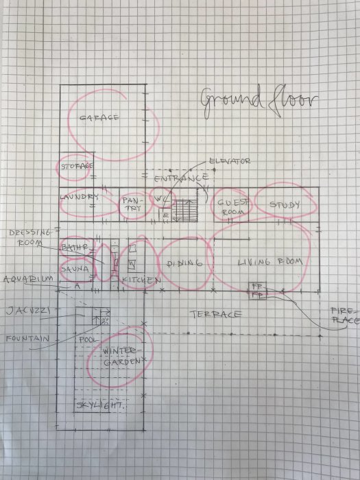 Handritad skiss av bottenvåning med utmärkta rum som garage, kök och vinterträdgård.