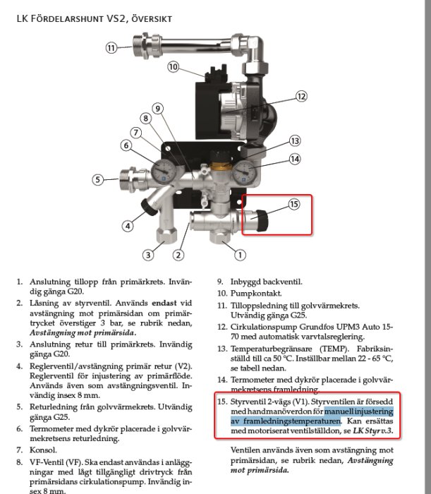 Diagram över LK Fördelarshunt VS2 med markerad styrenhet 15 för temperaturinställning.