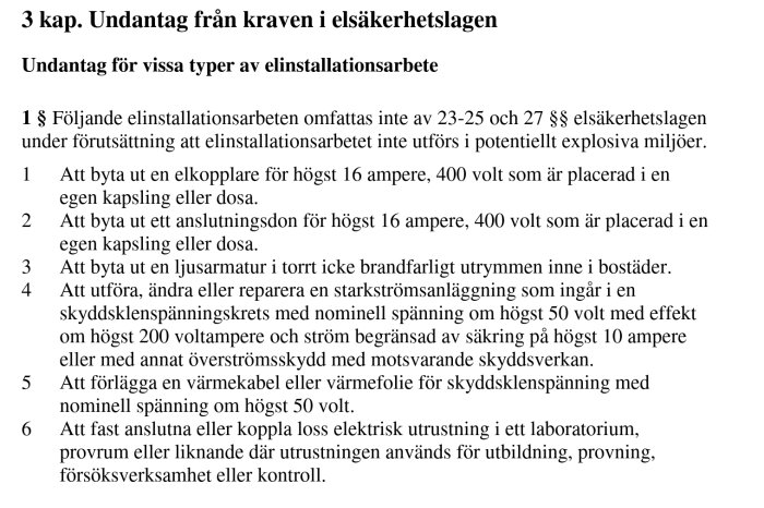 Sida från elsäkerhetsverkets föreskrifter med text om undantag från kraven i elsäkerhetslagen.