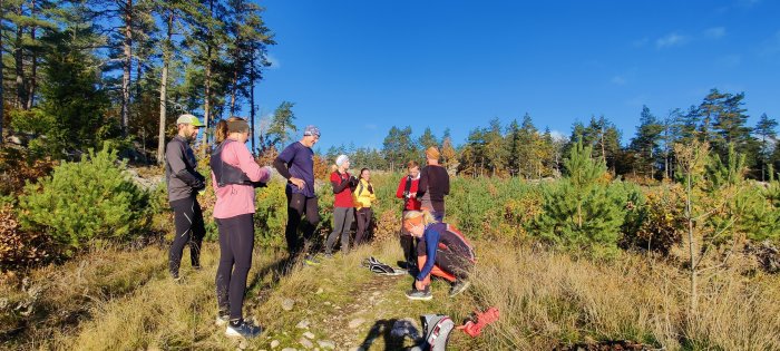 Grupp människor med löparutrustning tar en paus i skogsterräng under en trail löpning.