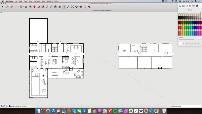 Digital ritning av ett hus i SketchUp med markerad lång garderob i hallen.