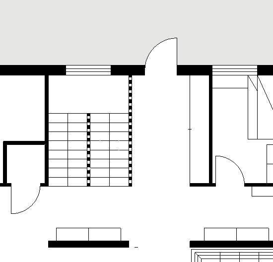 Digital ritning av en hall i ett hus med en lång garderob markerad med spegeldörrar.