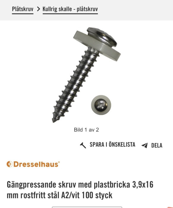Plåtskruv med kullrig skalle och plastbricka, 3,9x16 mm i rostfritt A2-stål.