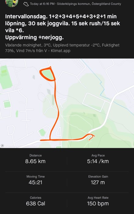 Intervallöpning med statistik och rutt på karta, 8,65 km avklarad distans, löptid 45:21 min, höjdvinst 127 m.