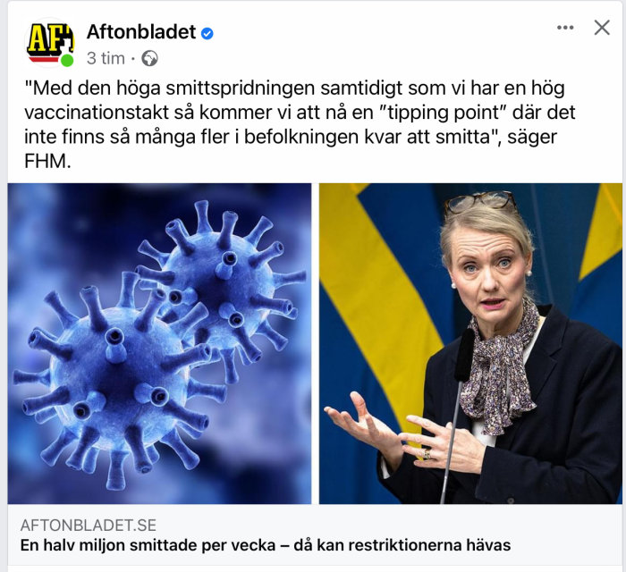 Illustration av coronavirus och en kvinna som talar med mikrofon, svensk flagga i bakgrunden.