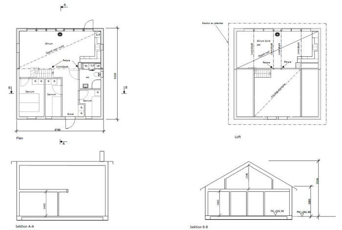 Arkitektoniska ritningar för ett hus med planlösning och sektioner för bottenplan och loft.