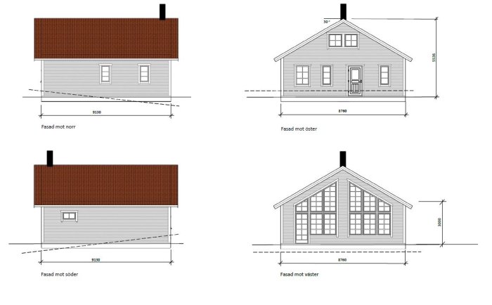 Fyra fasadritningar av ett hus skapade i Sketchup, inkluderar dimensionerna för norr, söder, öster och väster.