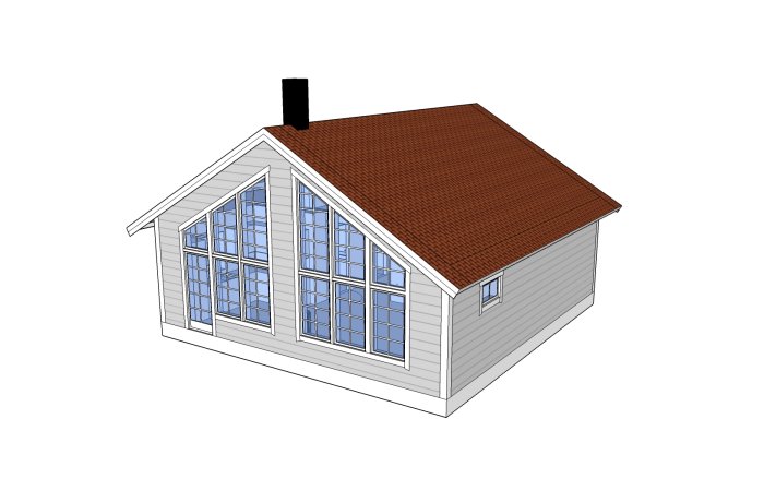 3D-modell av ett hus ritat i Sketchup med synliga takstolar och limträstomme.