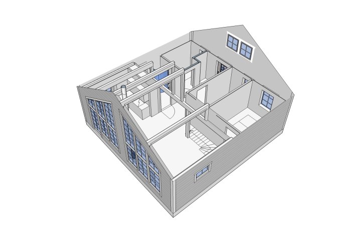 3D-modell i Sketchup av ett hus utan tak som visar ramverk, rum och limträstomme.