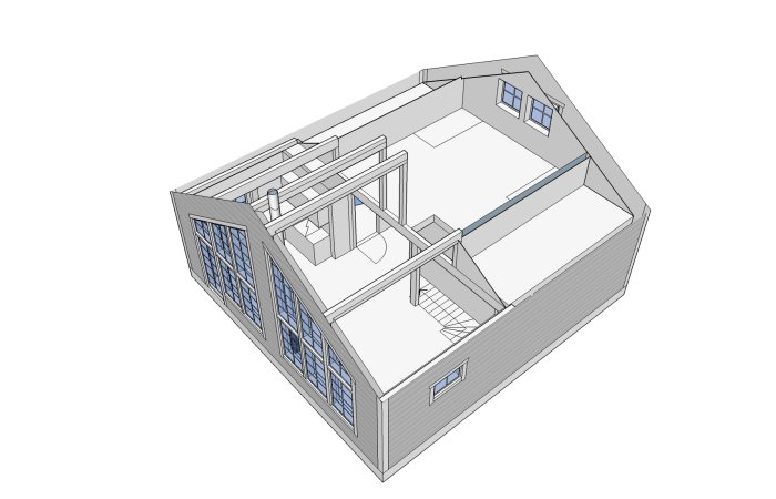 3D-modell av ett hus utan tak visar limträstommen och planlösningen med kök och sovrum.