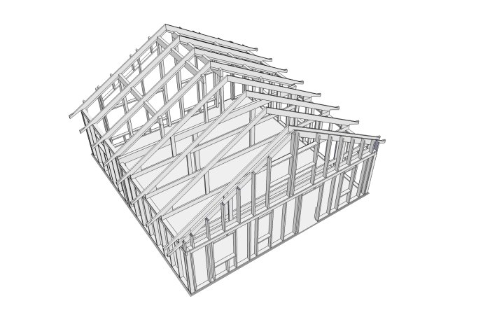 3D-modell av ett husstomme ritat i Sketchup, visar ramverk och konstruktionsdetaljer.