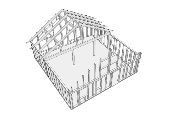 3D-modell av ett hus i trästomme ritat i Sketchup med synliga väggar och takstolar.
