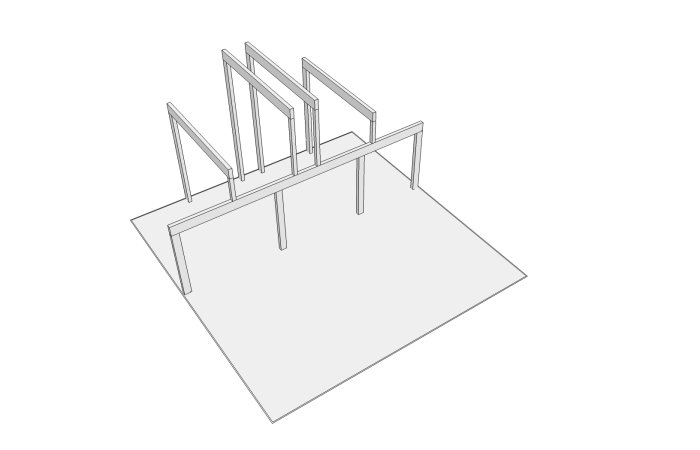 3D-modell av husstomme ritad i Sketchup med ramverks takstolar och plan grund.