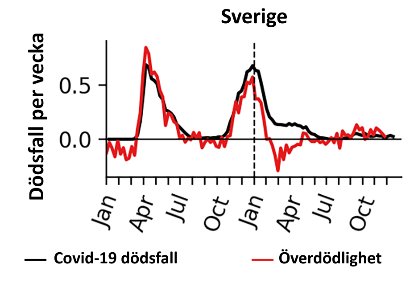 Graf över dödsfall per vecka i Sverige med kurvor för Covid-19 dödsfall och överdödlighet.