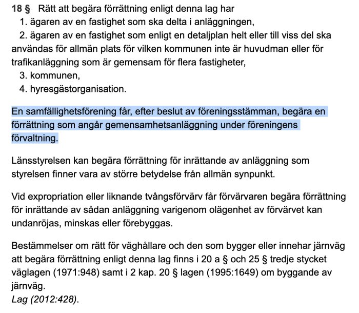 Skärmdump av text ur samfällighetslagen som förklarar rättigheter och processer för gemensamhetsanläggningar.