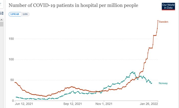 Graf som jämför antalet COVID-19-patienter per miljon mellan Sverige och Norge över tid.