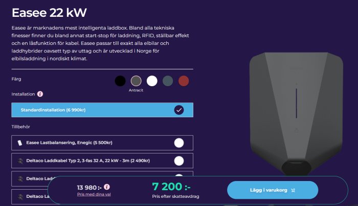 Webbsida om Easee 22 kW laddbox för elbilar, färgval, tillbehör och prissättning.