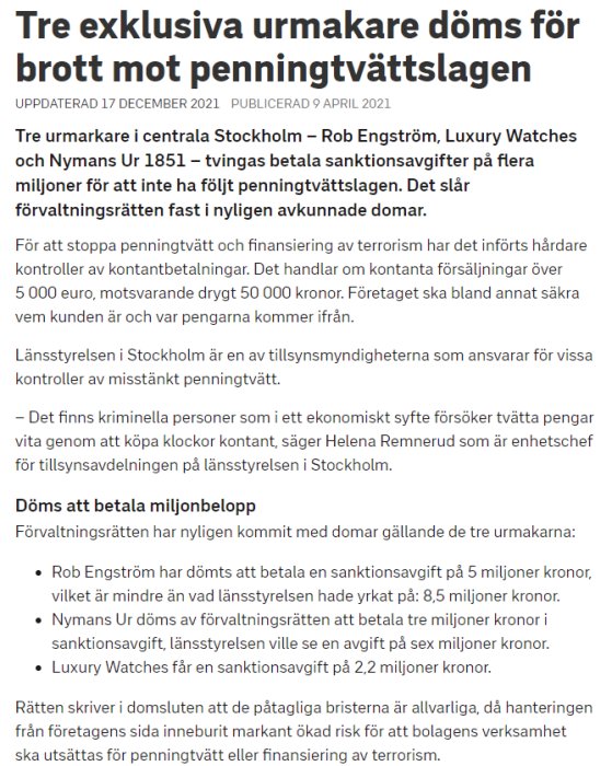 Skärmdump av en nyhetsartikel som diskuterar domar mot tre urmakare för brott mot penningtvättslagen.